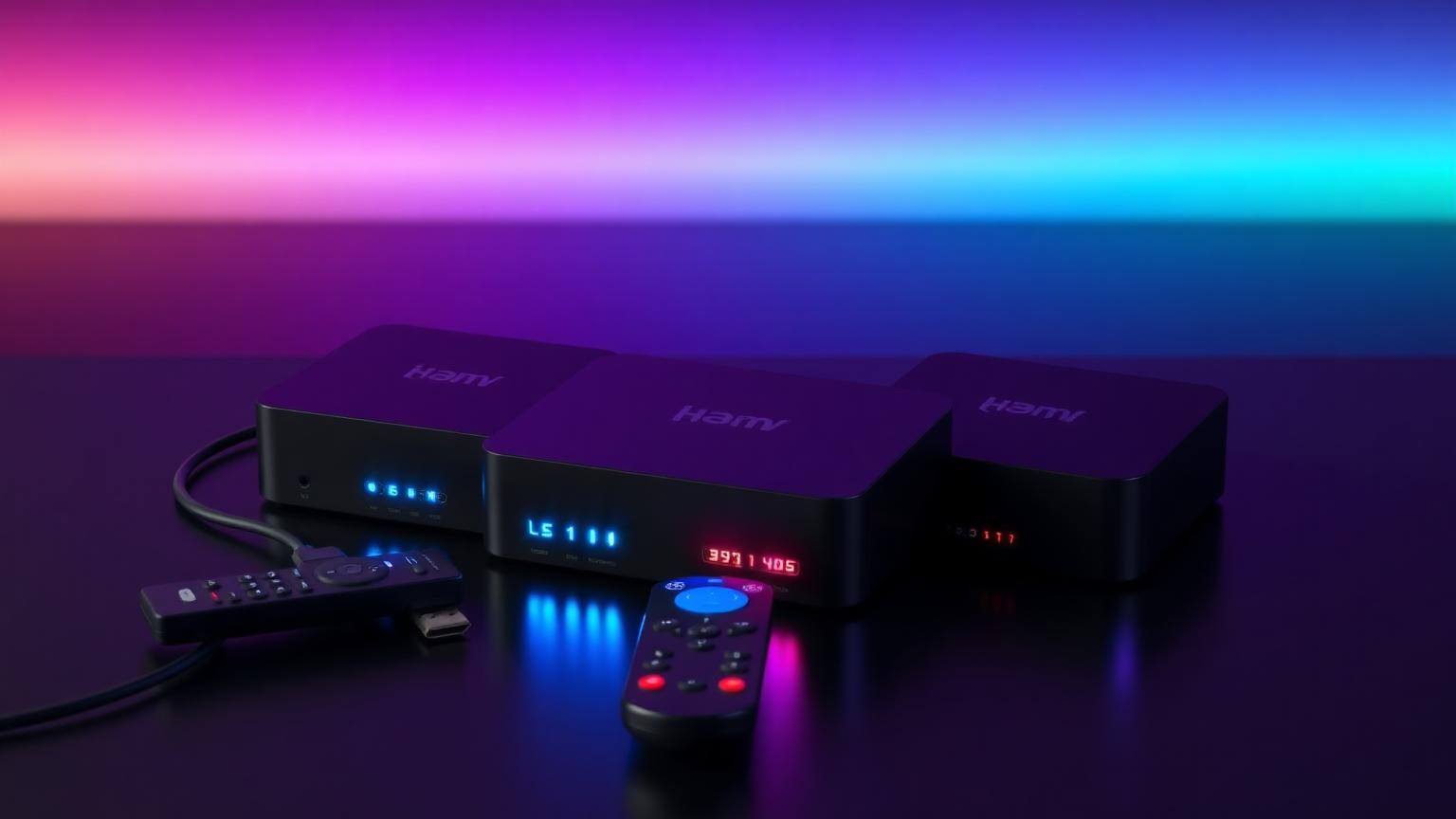Three premium IPTV streaming boxes with remote and HDMI cable