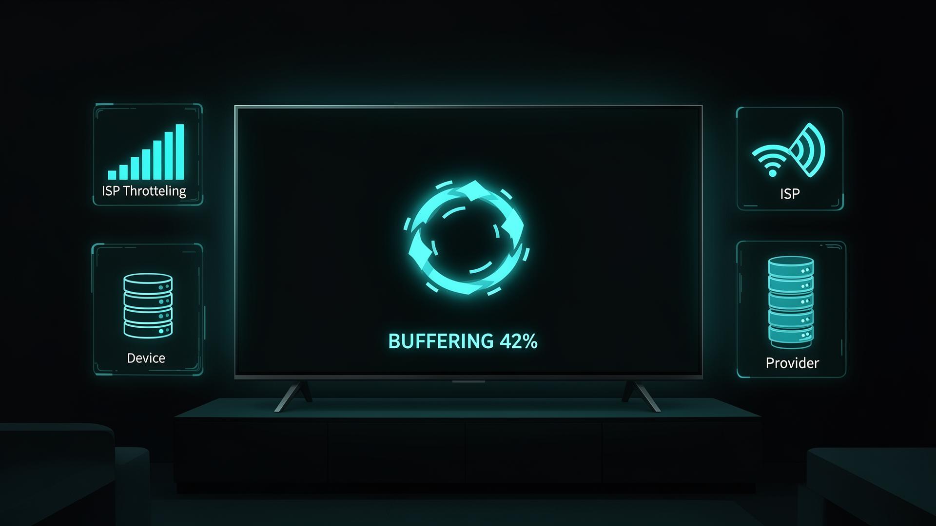 IPTV buffering on a TV screen with device, ISP and provider diagnostic icons — 2026 troubleshooting guide