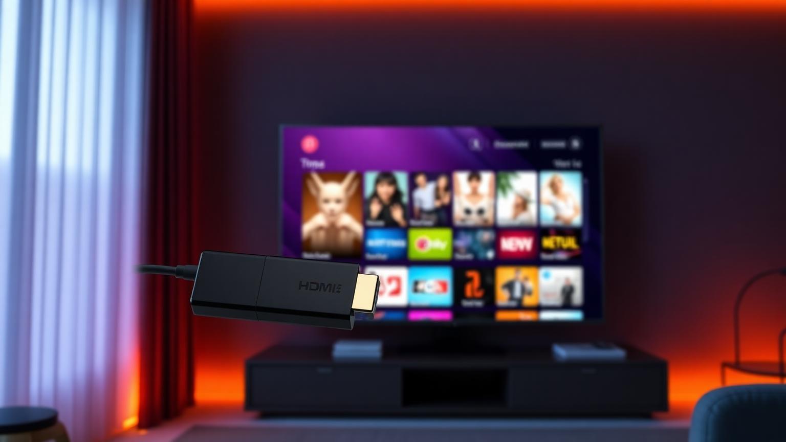 Amazon Fire Stick HDMI streaming device for IPTV next to a Smart TV