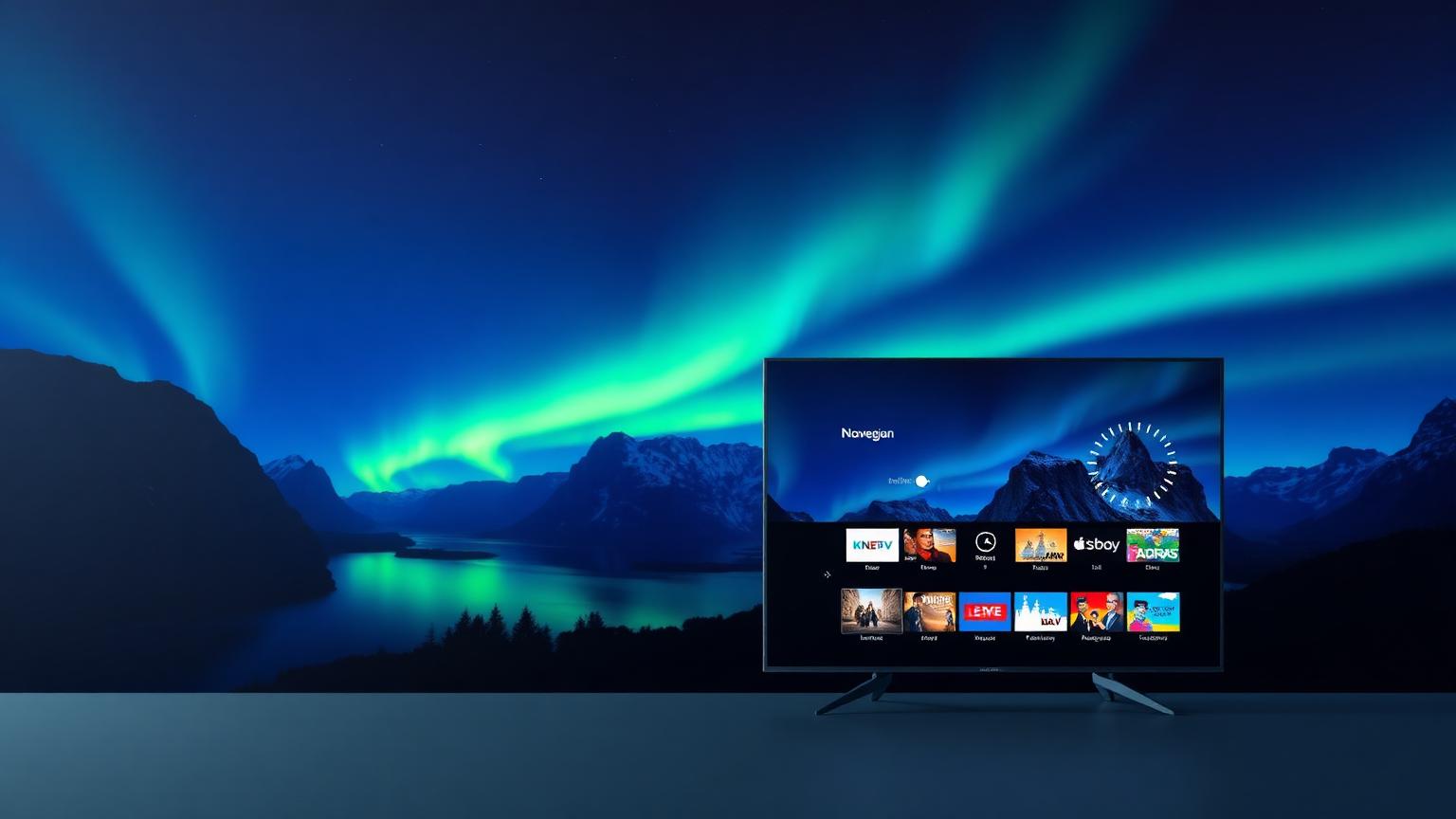 Norsk fjord under nordlys med TV som viser norske IPTV-kanaler