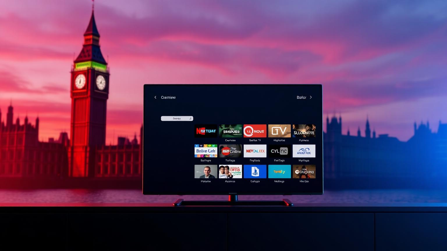 Big Ben and TV showing UK IPTV channels grid
