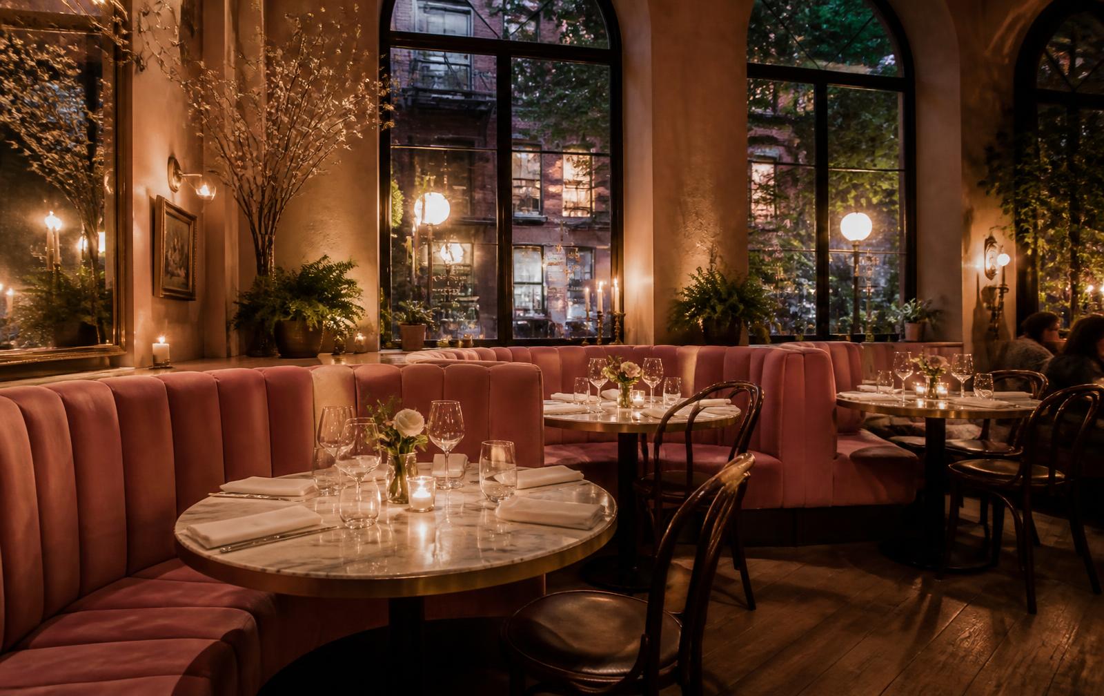 Pink velvet banquettes and marble tables in the candlelit dining room
